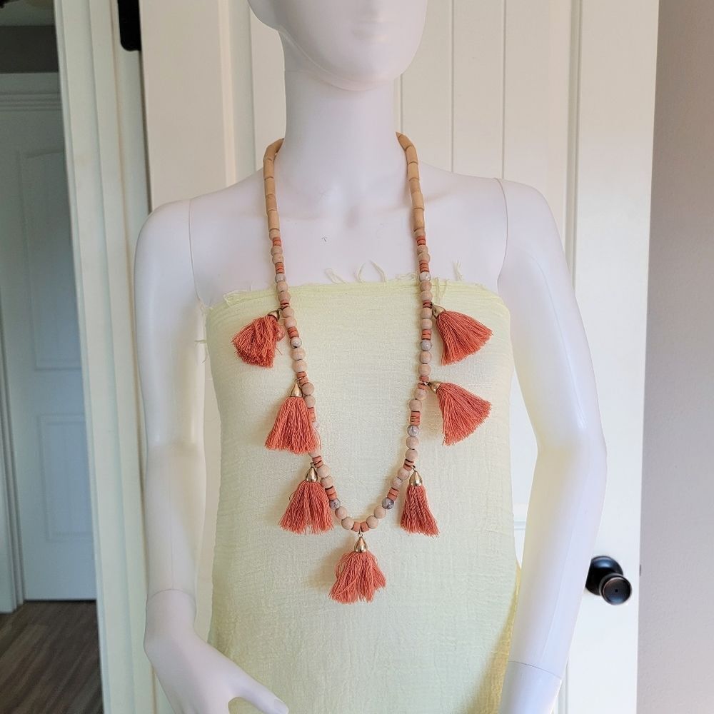 Chico's Wood Marble Tassel Fringe Long Necklace in Coral